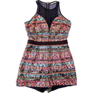 Mustard Seed Colorful Sequin Jumpsuit with black transparency Small for party